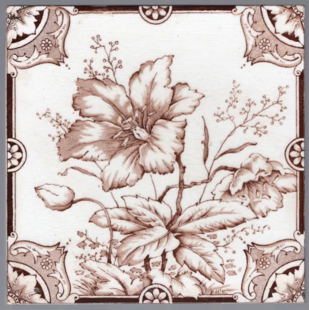 Decorative Art Tile Co - c1880 - Brown Oriental Lily -  Antique Printed Tile
