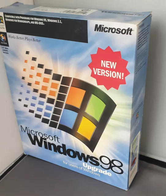 CD di aggiornamento Windows 98 con codice Product Key in scatola originale Microsoft.