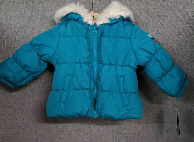 London Fog Puffer Jacket Toddler 18 Months Teal Fleece Lined Fur Hood Fleece Hat