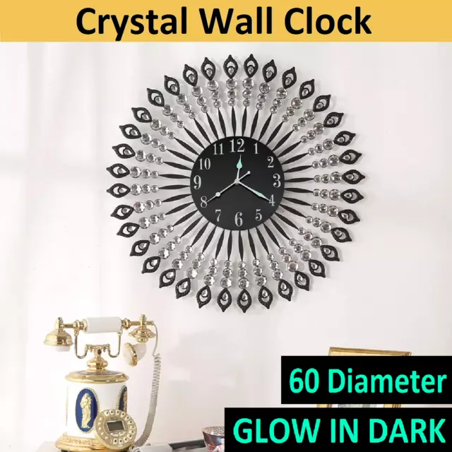 Large Modern 3D Crystal Wall Clock Luxury Art Silent Round Dial Home Decor New