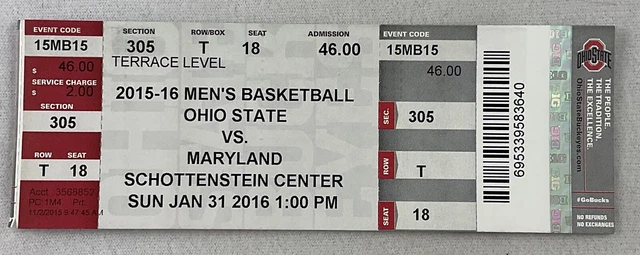 CBK 2016 01/31 Maryland at Ohio State Basketball Ticket-Diamond Stone