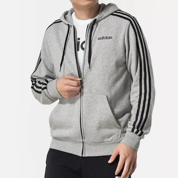 Adidas Essential Mens 3-Stripes Full Zip Hoodie Grey French Terry BNWT UK Small