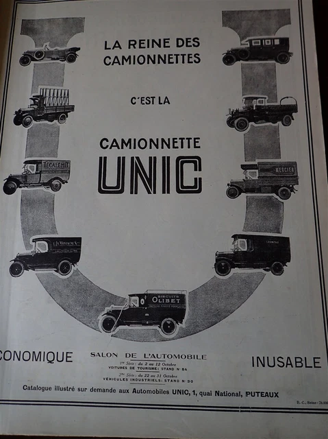 UNIC cammionnette automobile publicité papier ILLUSTRATION AUTO 1924 col