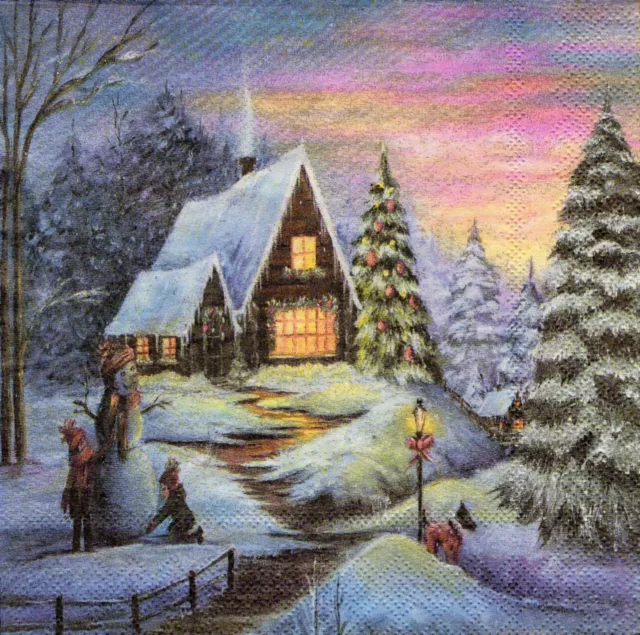 3 Servietten ~ Weihnachten, Winterabend, Haus, Kinder, Schneeman, Laterne ~33x33