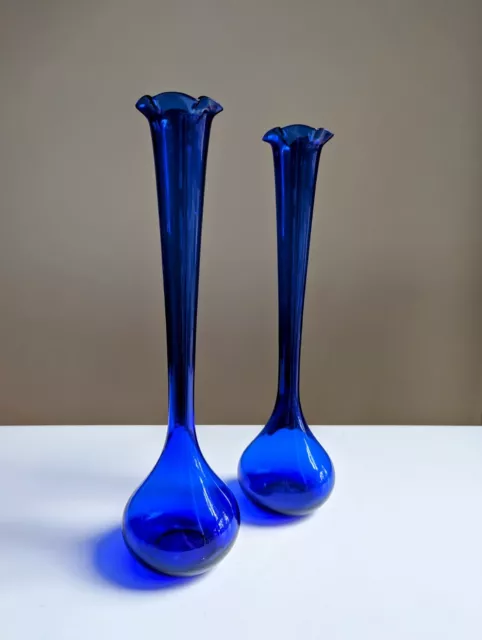 Pair Of Tall Elegant Hand Blown Cobalt Blue Art Glass Ruffled Rim Vases