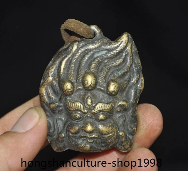 2'' Tibetan Ancient temple bronze Mahakala Buddha head statue amulet pendant