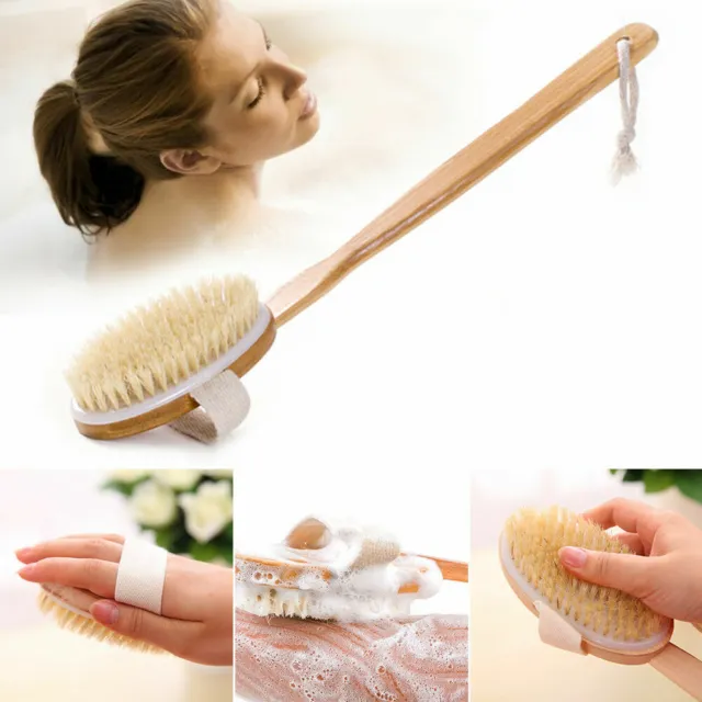 Long Handle Shower Bath Brush Wooden Loofah Back Body Scrubber Exfoliator Sponge