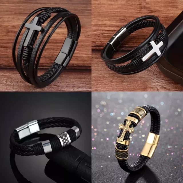 Mens Black Layered Leather Bracelet with Cross Magnetic Clasp Wristband