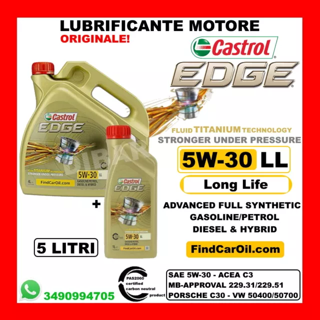 5Lt Olio Castrol Originale Edge Fst 5W30 Ll Titanium Acea C3 4 Litri+1 Litro