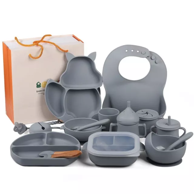 15pcs/ silicon baby feeding set Bowl Plate spoon forks sippy cup bib pacifier 