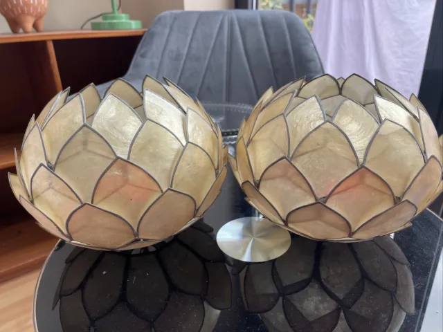 Pair Vintage Capiz Shell Artichoke Pendant Lamp Shade Mid Century Boho Tiki