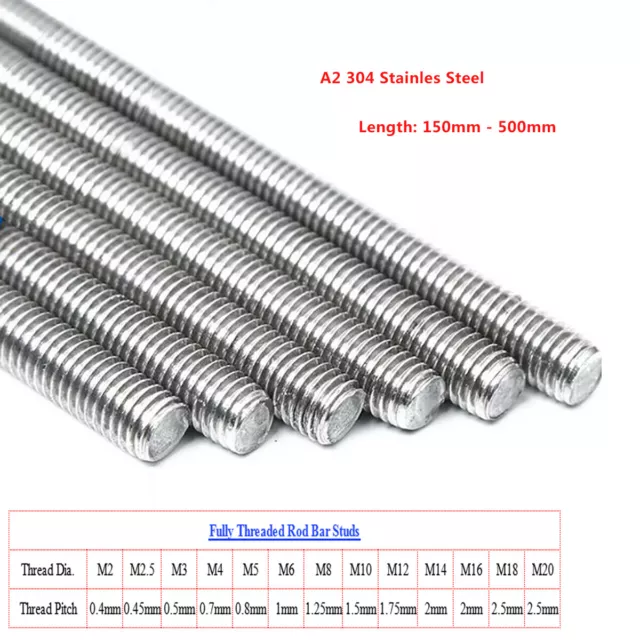 A2 304 Stainless - Fully Threaded Rod Bar Studding M2-M20, Length 150mm-500mm