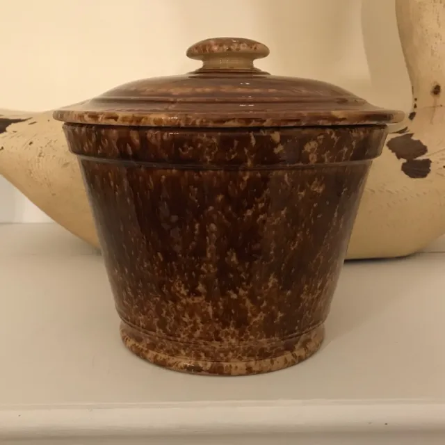 Bennington Pottery ? Rockingham Glaze Storage Crock with Lid Yellow Ware Antique