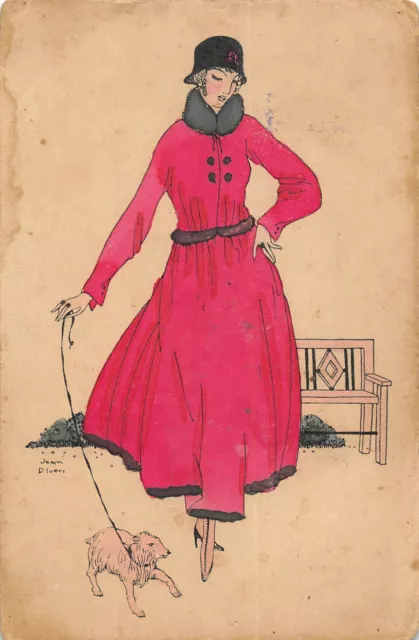 Cpa Illustrateur Art Nouveau Signe Jean D'ivori Femme Au Chien