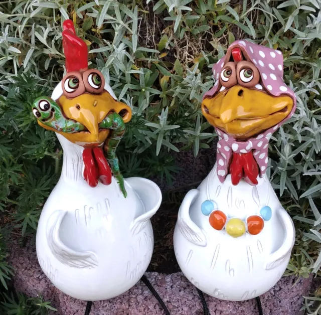 Keramik Huhn Hermine, Hahn Hermann Henne Gartenstecker Kantensitzer Zaunhocker