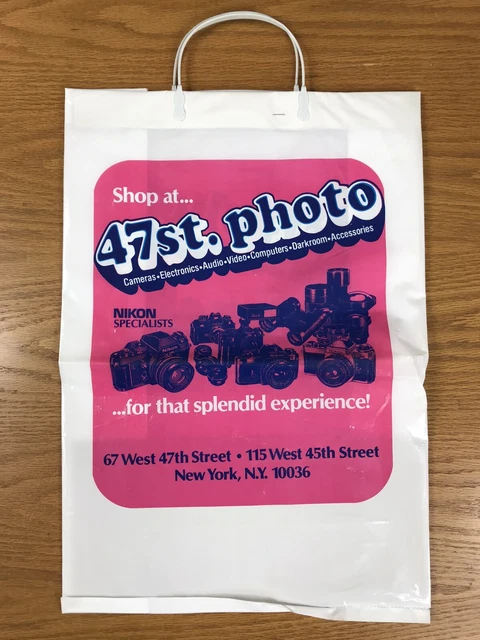 Vintage NYC 47St Photo Pink Plastic Handle Shopping Bags 19 X 13 1980s Nikon