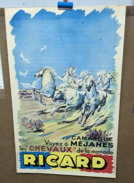 Affiche Ancienne  Pastis  Anisette   Ricard Chevaux Mejanes Camargue H Couve