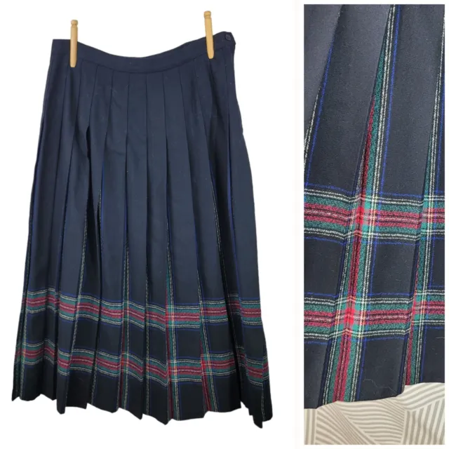 Vintage Pendleton Pleated Skirt size 14 Wool Midi Black career Plaid Tartain