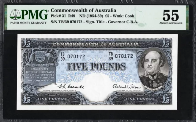 Australia 5 Pounds P31 R49 1954-59 Coombs Wilson PMG55 aUNC Banknote Pre Decimal