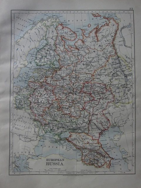 1900 Victorian Map ~European Russia~Caucasus Poland Findland St. Petersburg