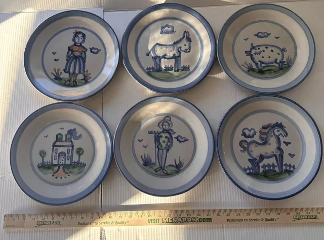 M A Hadley “Country Scene Blue” Set of 6 Stoneware Dinner Plates 11” Pig Horse