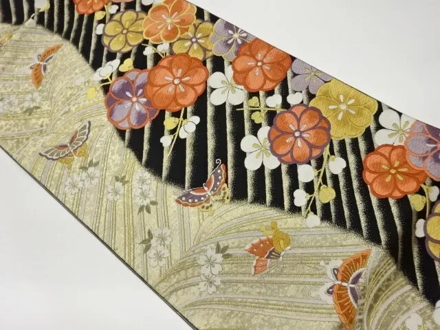 6439482: Japanese Kimono / Vintage Fukuro Obi / Woven Butterfly & Ume Blossom Wi