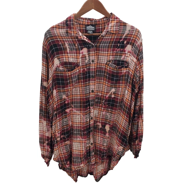 Angie Womens Long Sleeve Button Up Plaid Flannel Bleached Upcycled Shirt Sz M