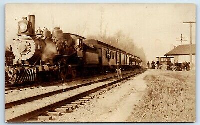 Postcard Passenger Train #494/454? at Depot (printing line) c1908-1924 RPPC F101