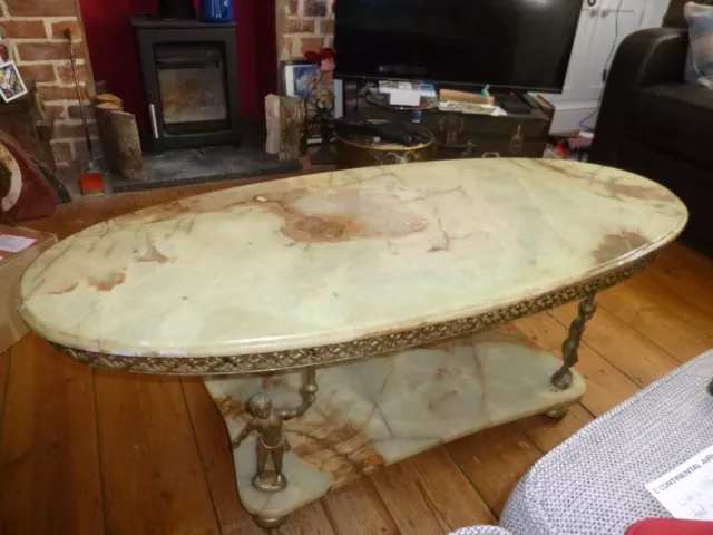 Vintage French ONYX & BRASS COFFEE TABLE with 4 CHERUB Supports c.1950's.