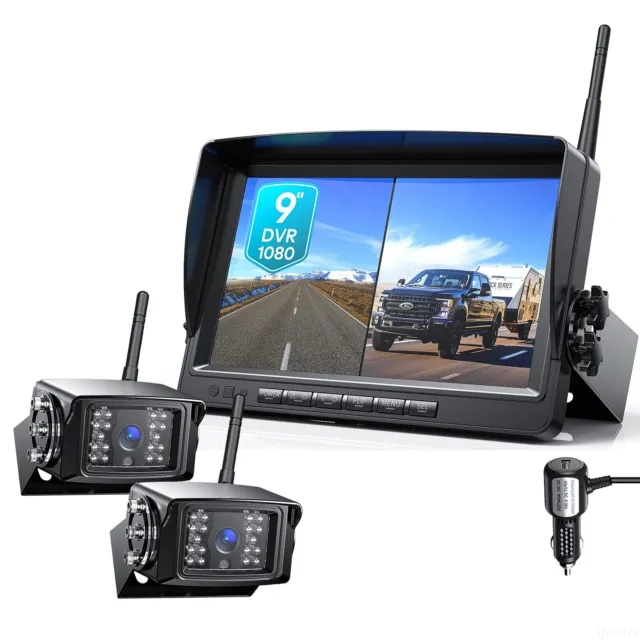 2x Digital Wireless Backup Camera 9" Quad Splitscreen DVR Monitor For Truck RV