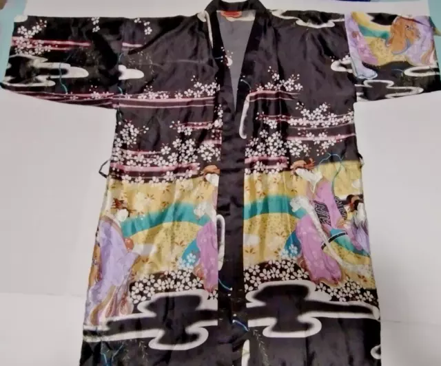 Shanghai Soho Japanese Kimono Black Silk Robe Geisha Girls Size L