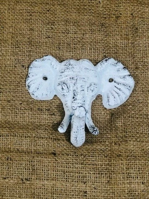 Cast Iron Elepahnt Head Hook Coat Key Rustic Entry Way Hall Tree Decor White