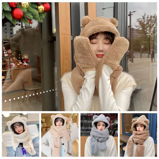 Cute Hat Scarf Gloves 3 In 1 Set Bear Ear Fleece Winter Warm Hooded Earflap Girl