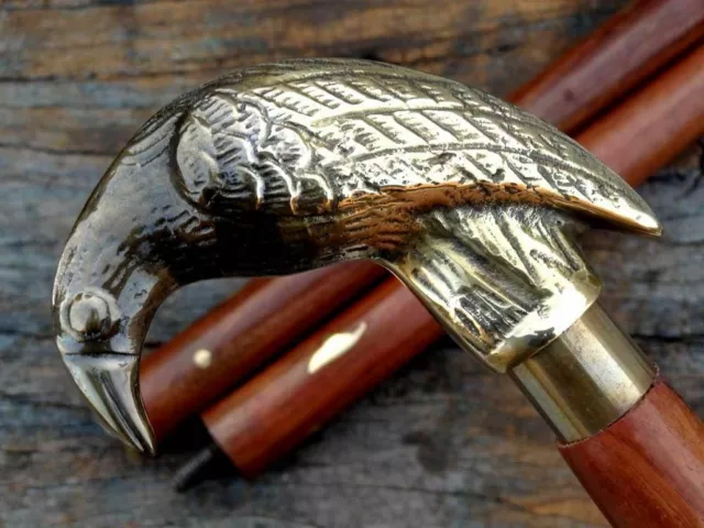 Raven Head Handle Solid Brass Vintage Style Victorian Wooden Walking Stick Cane