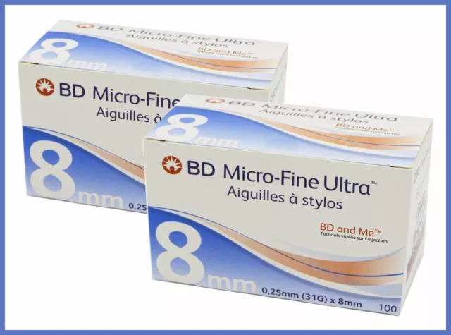 2 Btes X 100 BD Micro-Fine Ultra 8 mm pour stylo insuline stériles diabète