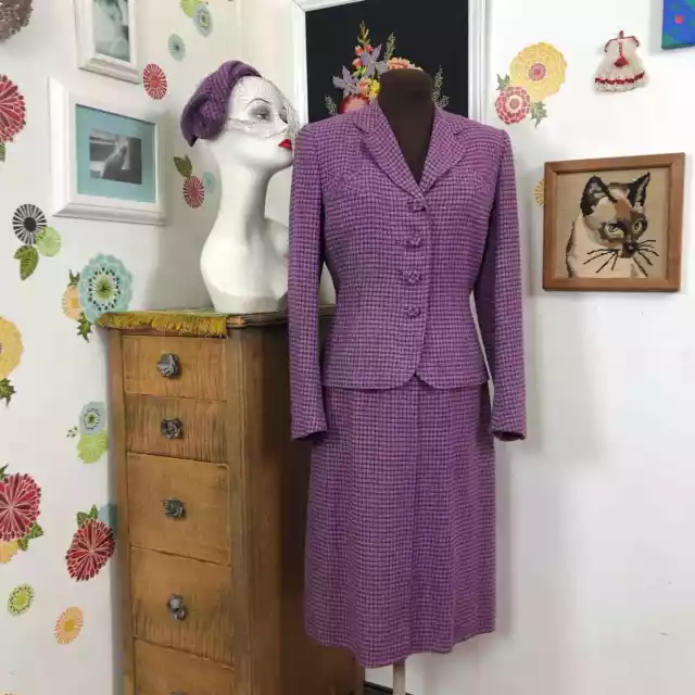 Vintage Purple Houndstooth Suit, 1950s Skirt Suit with Hat, Size XS-S