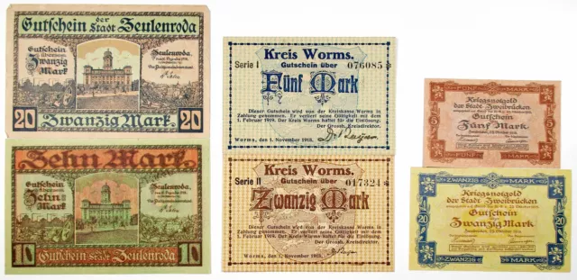 Notgeld Assortment, Worms, Zweibr?cken, and Zeulenroda Group of 6, 1918 Issues