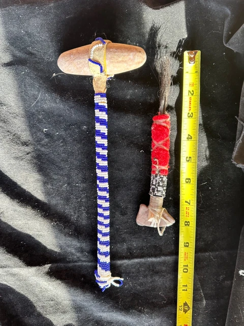 2 Vintage Native American Ceremonial Tomahawk ,Stone Head, Wood Handle, Beaded.