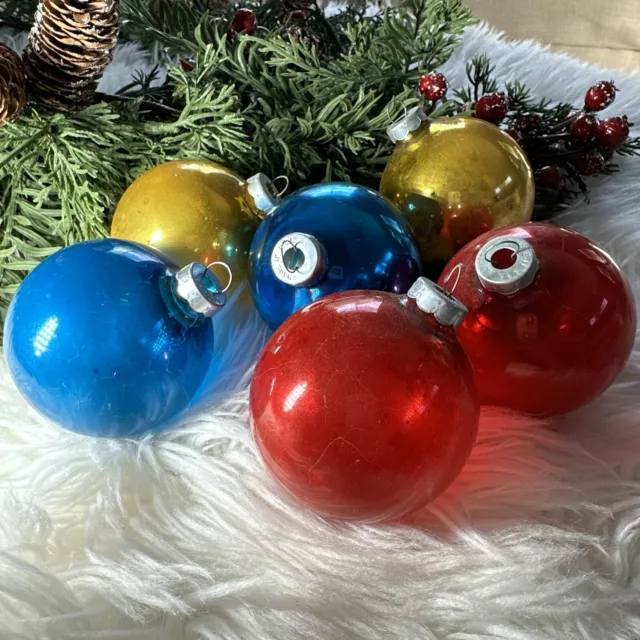 Vintage Shiny Brite Bright Blue Red Gold Made In USA Glass Ornaments Lot Of 6