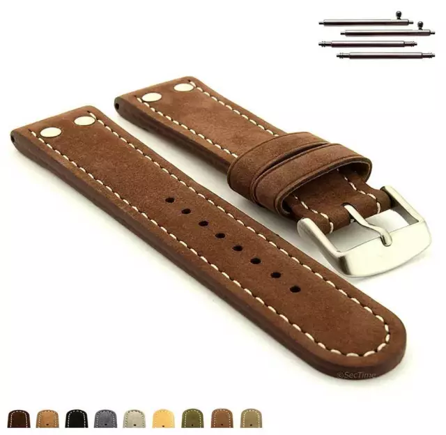 Riveted Suede Genuine Leather Watch Strap Band 20 22 24 Aviator Style - MM