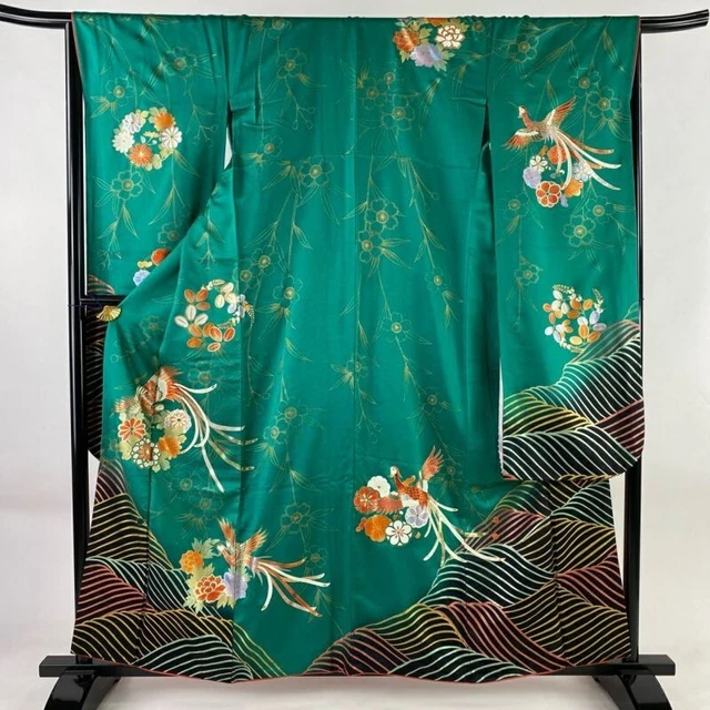Japanese Kimono Furisode Pure Silk Bird Floral Emblem Gold Paint Green