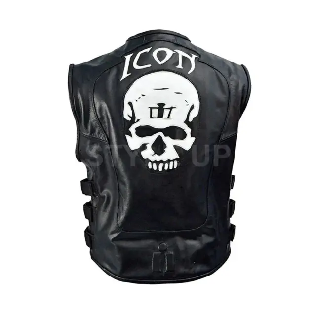 Icon Skull Racer Mens Genuine Leather Motorcycle Wear Club Skull Biker Vest