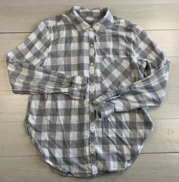 Aerie Flannel Plaid Button Up Shirt Top Womens Size Medium Long Sleeve Gray