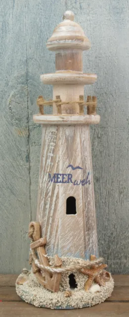 Deko Holz Leuchtturm - MEER weh - Treibholz Look Anker Seestern Muschel maritim