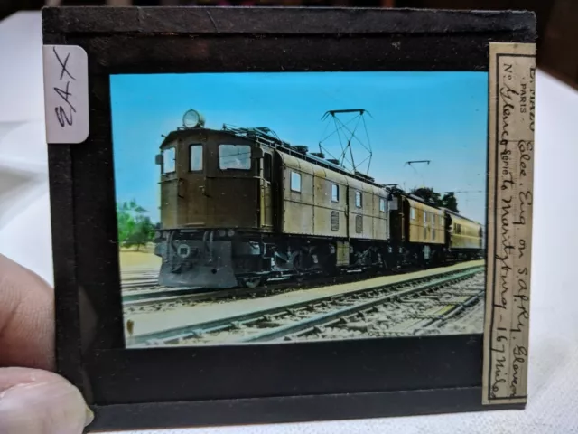 HISTORIC Colored Glass Magic Lantern Slide EAX ELECTRIC TRAIN ENGINE AFRICA RR