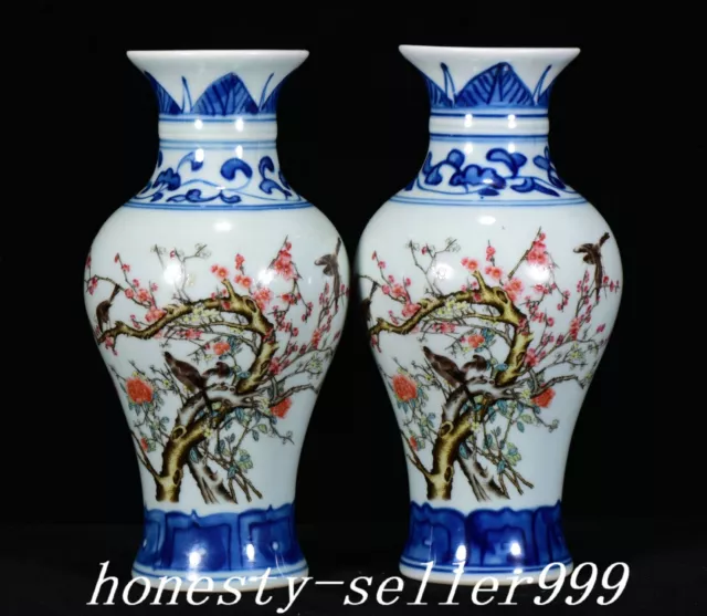 7.4'' Old Qing Blue White Color Porcelain Magpie Bird Flower Bottle Vase Pair