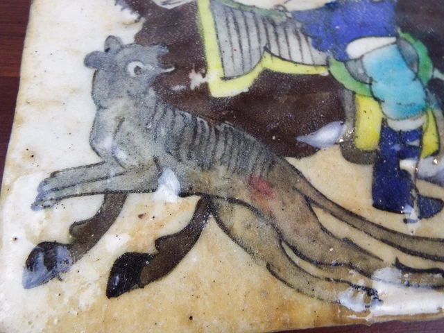 Antique Persian Glazed Tile Mounted Archer Hunting Style Qajar Tiger Islamic Art 5