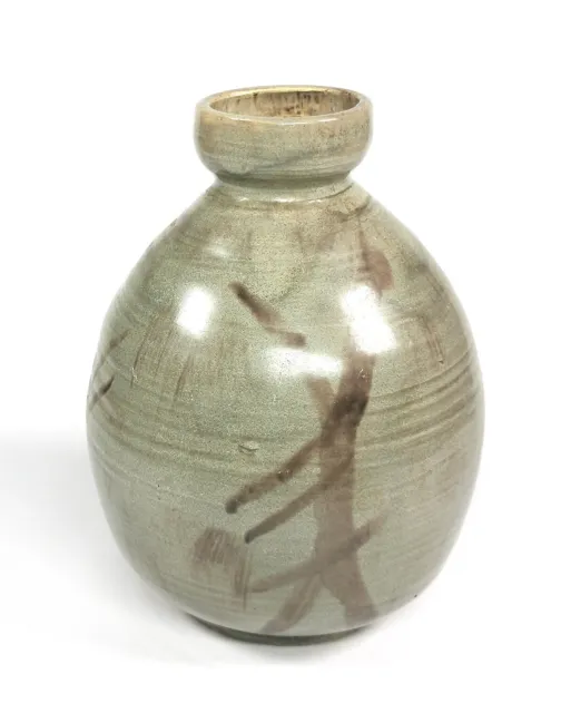 Vintage Ash Glazed Studio Pottery Vase Iron Oxide Brushwork Signed BJS '63
