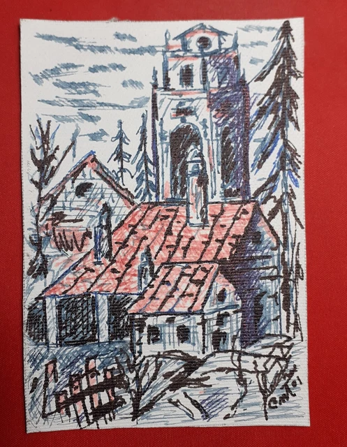 Quadri Disegno Su Tela Paesaggio Borgo Dipinto A Mano Bello 9 X 13 Arredo Casa