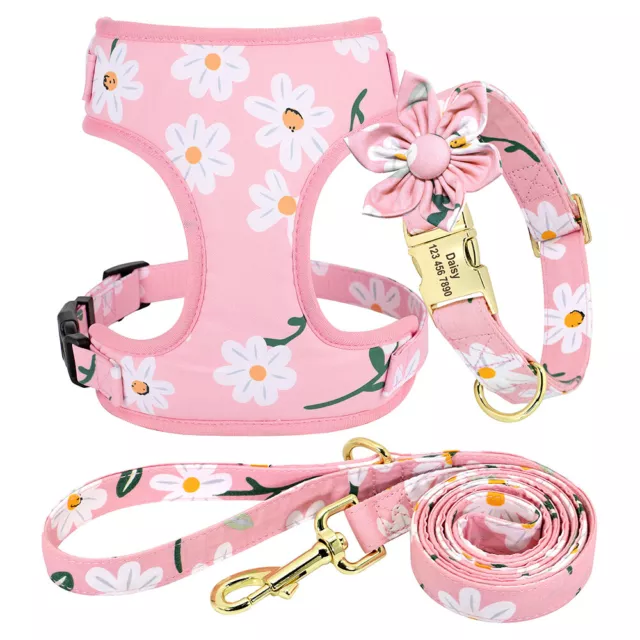 Floral Dog Harness + Matching Lead + Pesonalised Dog Collar Set for Small Large 2